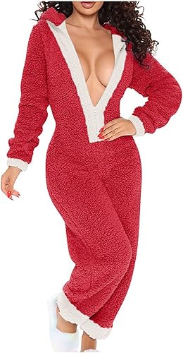 YMUQEIGH Pijama mullido para mujer overol de forro polar Sherpa con capucha ropa de dormir sexy con cuello en V pijama con cremallera