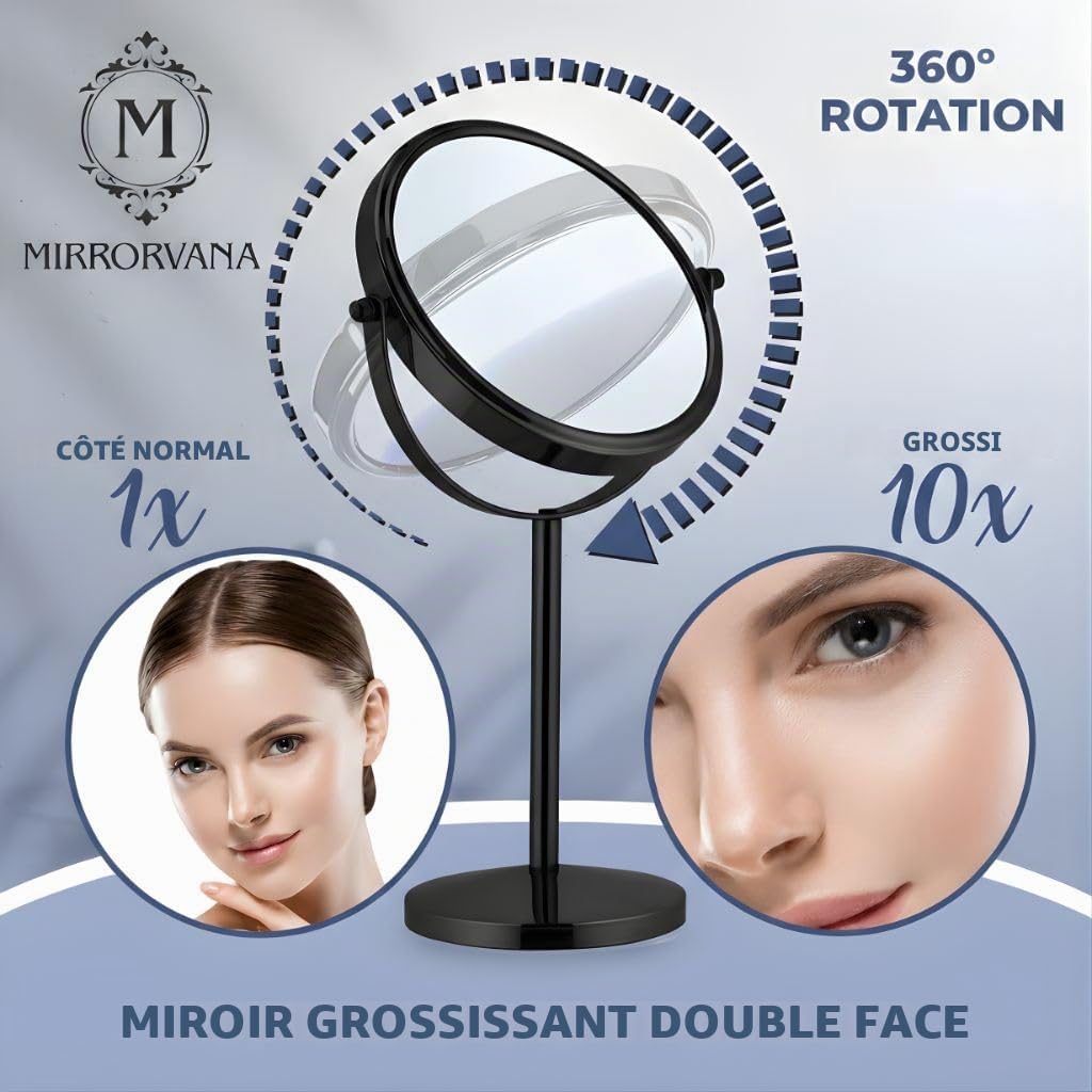 Mirrorvana Miroir de Maquillage grossissant 10x sur Pied pour Chambre et Salle de Bain Double Face 10x/1x 35 cm x 18 cm (Noir)