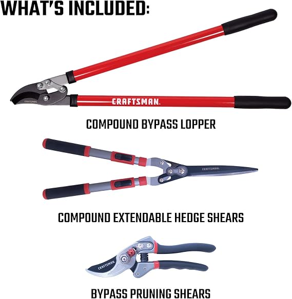 Amazon.com: CRAFTSMAN CMXMKIT0140 - Juego de poda de 3 piezas con tijeras  de podar de bypass, cortador compuesto y tijeras de seto extensibles :  Patio, Césped y Jardín