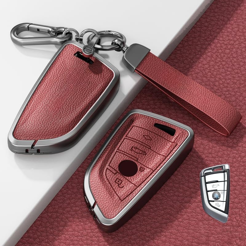 Key Fob Cover & Keychain Set Compatible with BMW 2/5/6/7/X1/X3/X5/X6/GT/330i Series – Metal Shell Protection with Premium Leather(Bordeaux Red)