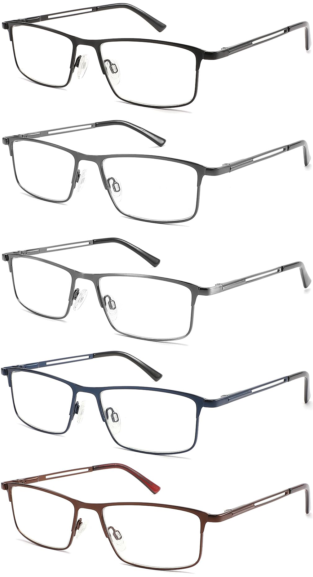 RDGNBU 5 Pack Reading Glasses for Men,Metal Full Frame Blue Light Blocking Spring Hinges Readers,Anti Glare/UV/Eyestrain