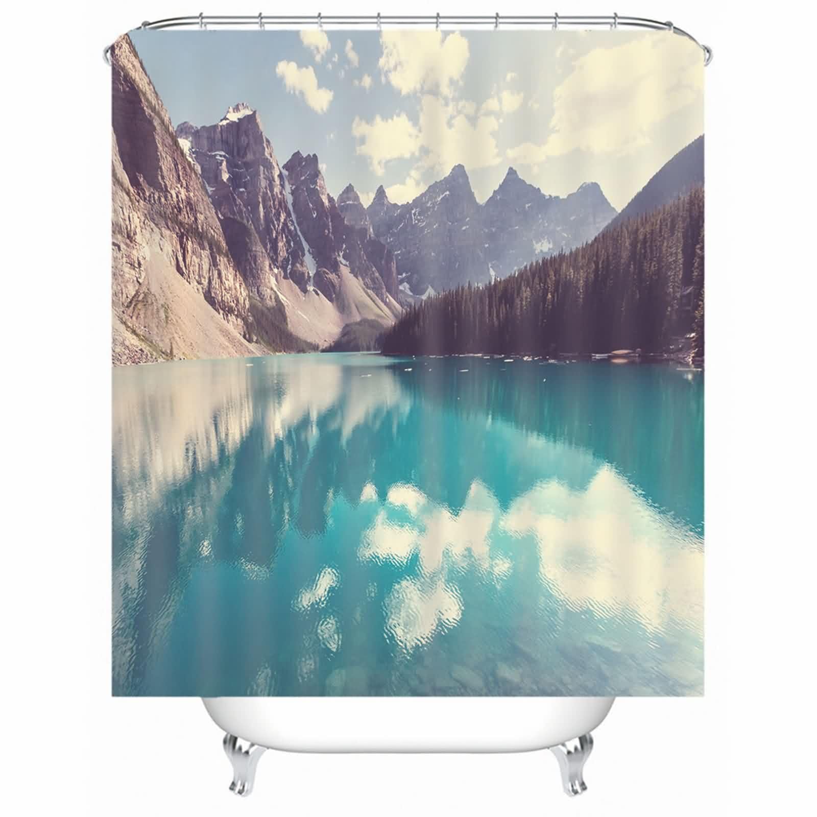 Rideau de douche haut de gamme en textile vert clair motif montagne et lac