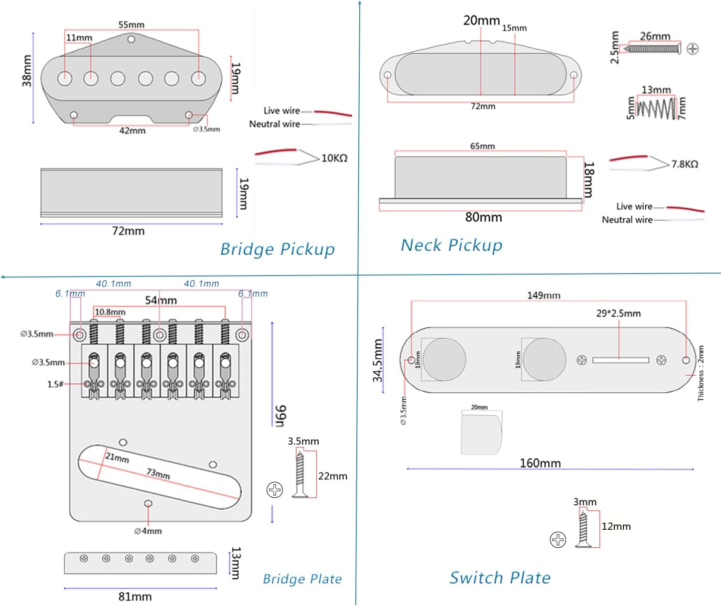 Dimensional drawings for bridge pickup, neck pickup, bridge plate, and switch plate
