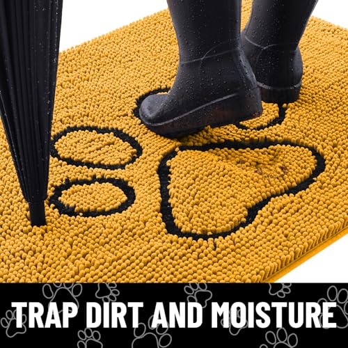Image of Smiry Dog Door Mat for Muddy Paws, Absorbent Dirt Trapper Non Slip Quick Dry Washable Chenille Mat for Mud Dogs, Entry Rug for Indoor and Outdoor (48x30 Inches, Golden Yellow and Black)