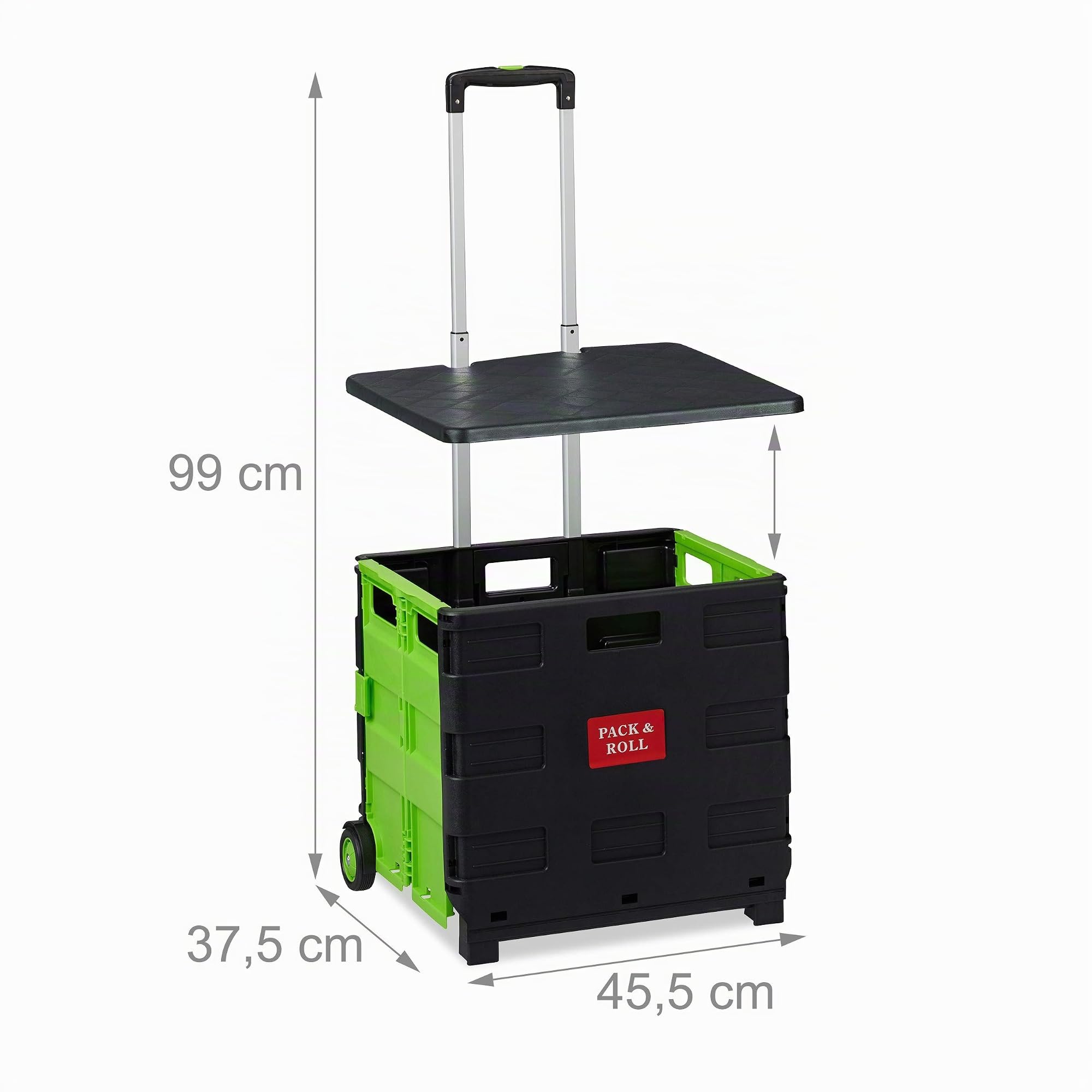 Relaxdays Carro de la Compra Plegable, para hasta 35 kg, Caja de 50 litros, Asa Telescópica, Carrito de Transporte, 2 Ruedas, Verde y Negro