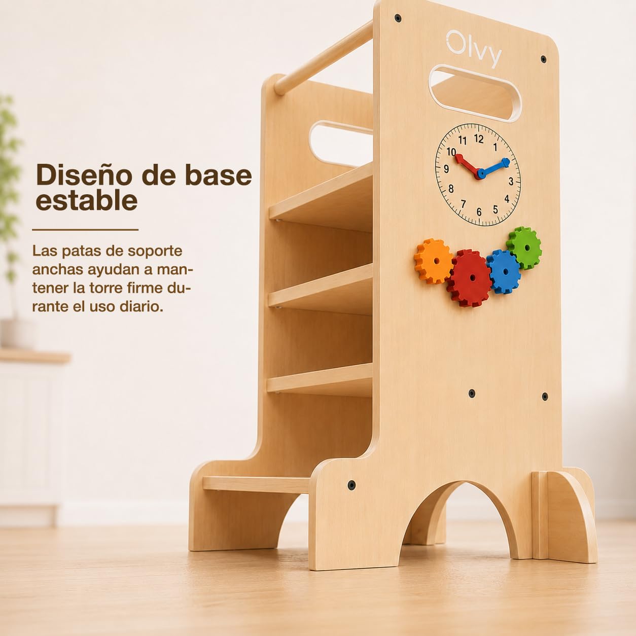 Olvy Torre de Aprendizaje 4 en 1 para Niños con Base Reforzada Cross-Brace, Tobogán con Ranura en Ángulo Recto, Pasamanos sin Clavos Visibles, Pizarra y Panel Montessori de Madera