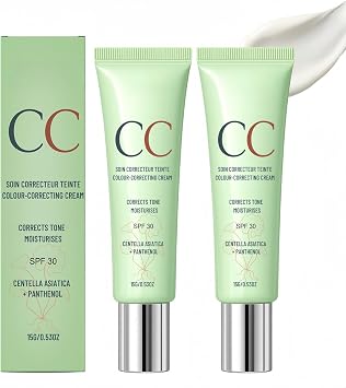 2PCS Color Correcting CC Cream with Centella Asiatica,Tinted Moisturiser & Skin Tint,Full Coverage Foundation for Mature Skin,Lightweight Makeup with SPF,Smooths Texture & Enhances Radiance