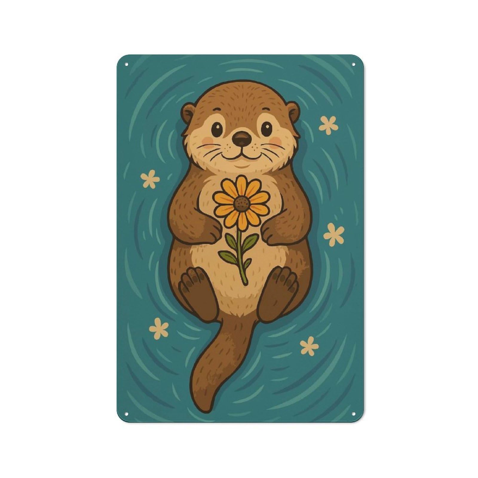 Floating Otter with A Flower Metal Wall Sign 30x20cm, Clean Industrial Loft Wall Plaque for Workspace, Cafe, Hallway Or Garage