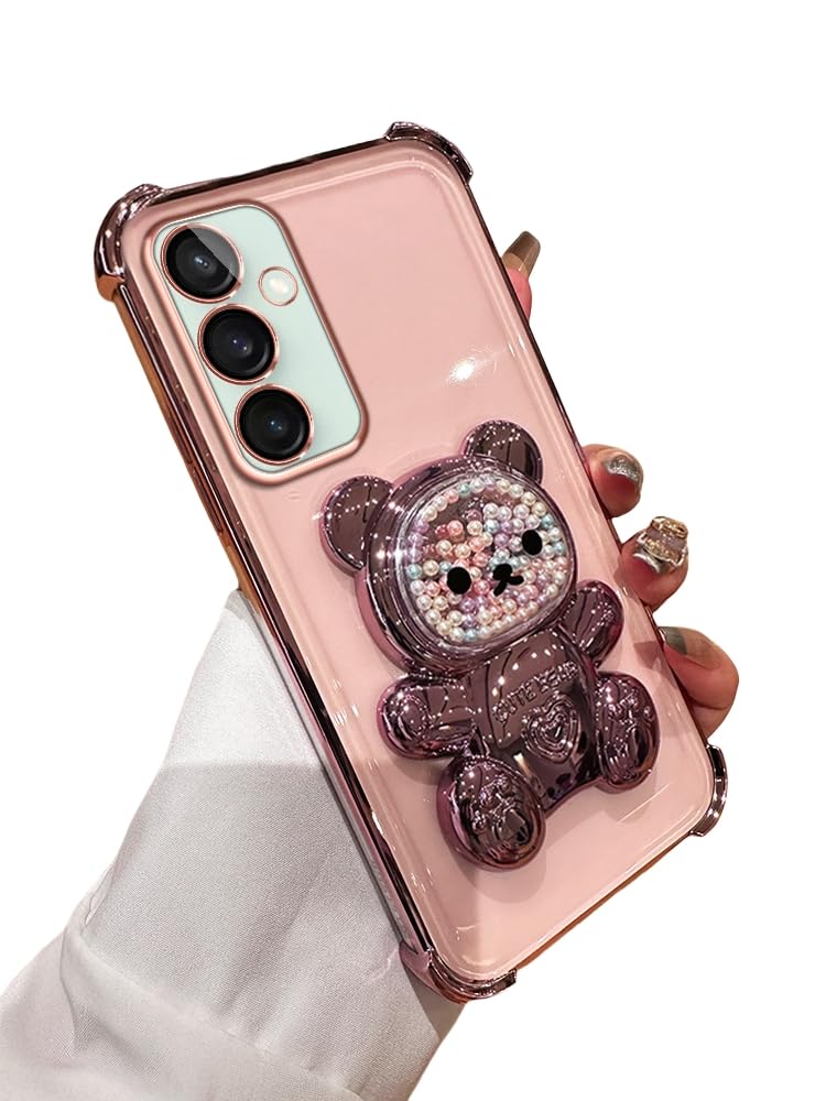 Cute Stand Case Compatible with Samsung Galaxy S24 FE Cover Luxury Quicksand Cartoon Bear Kickstand Phone Case for Galaxy S24 FE Soft TPU Shockproof