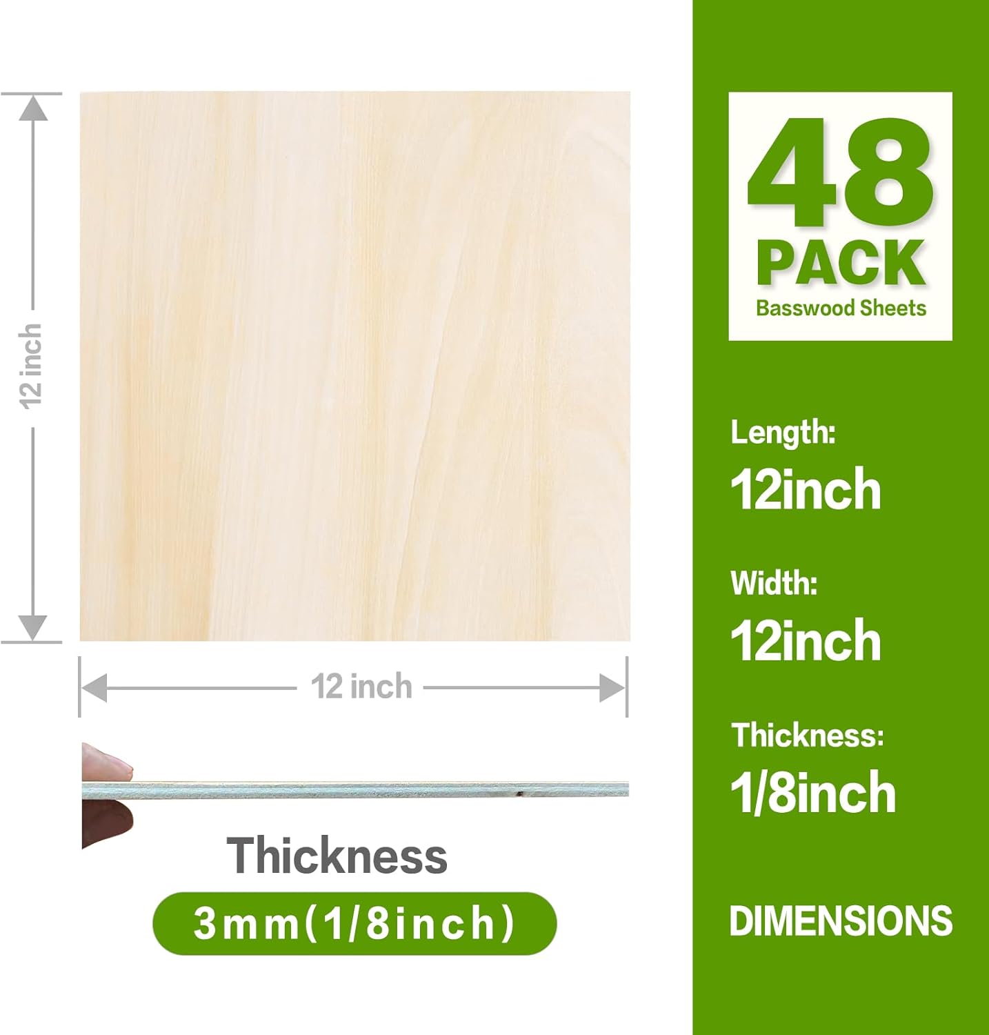 Basswood Sheets 12"x12"x1/8",3mm Basswood for Laser Cutting,Thin Plywood Board Unfinished Wood for Crafts, DIY Architectural Models Making, Wood Engraving (12inchx12inch-1/8-48Packs)