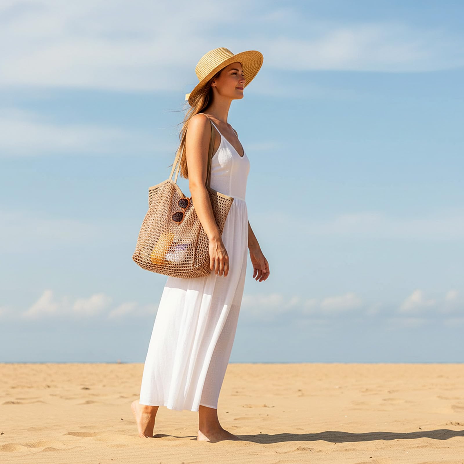 Duża siatkowa torba plażowa z kieszenią wewnętrzną na zamek błyskawiczny, odporna na piasek, oddychająca duża torba plażowa, duża pojemność, składana siatkowa torba na zakupy, na plażę