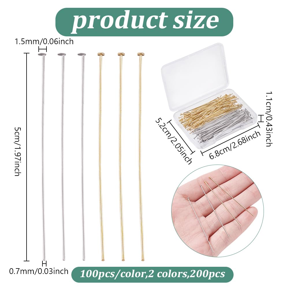 PandaHall 200pcs Tiges Goupille Acier Inoxydable 50mm | Or Et Argent Pour Création Bijoux