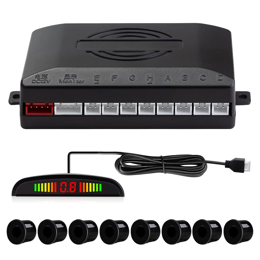 Sensores de Aparcamiento, 8 Sensores Delanteros y Traseros con Avisador Acústico de Distancia en Pantalla LED(8 Sensores, Negro)