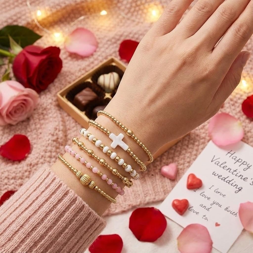 Gold Beaded Bracelets Stack for Women Valentines Day Gifts for Her Stackable 14K Gold Plated Beads Ball Cross Bracelet Boho Christian Jewelry Faith Friendship Birthday Gifts for Women - Image 2