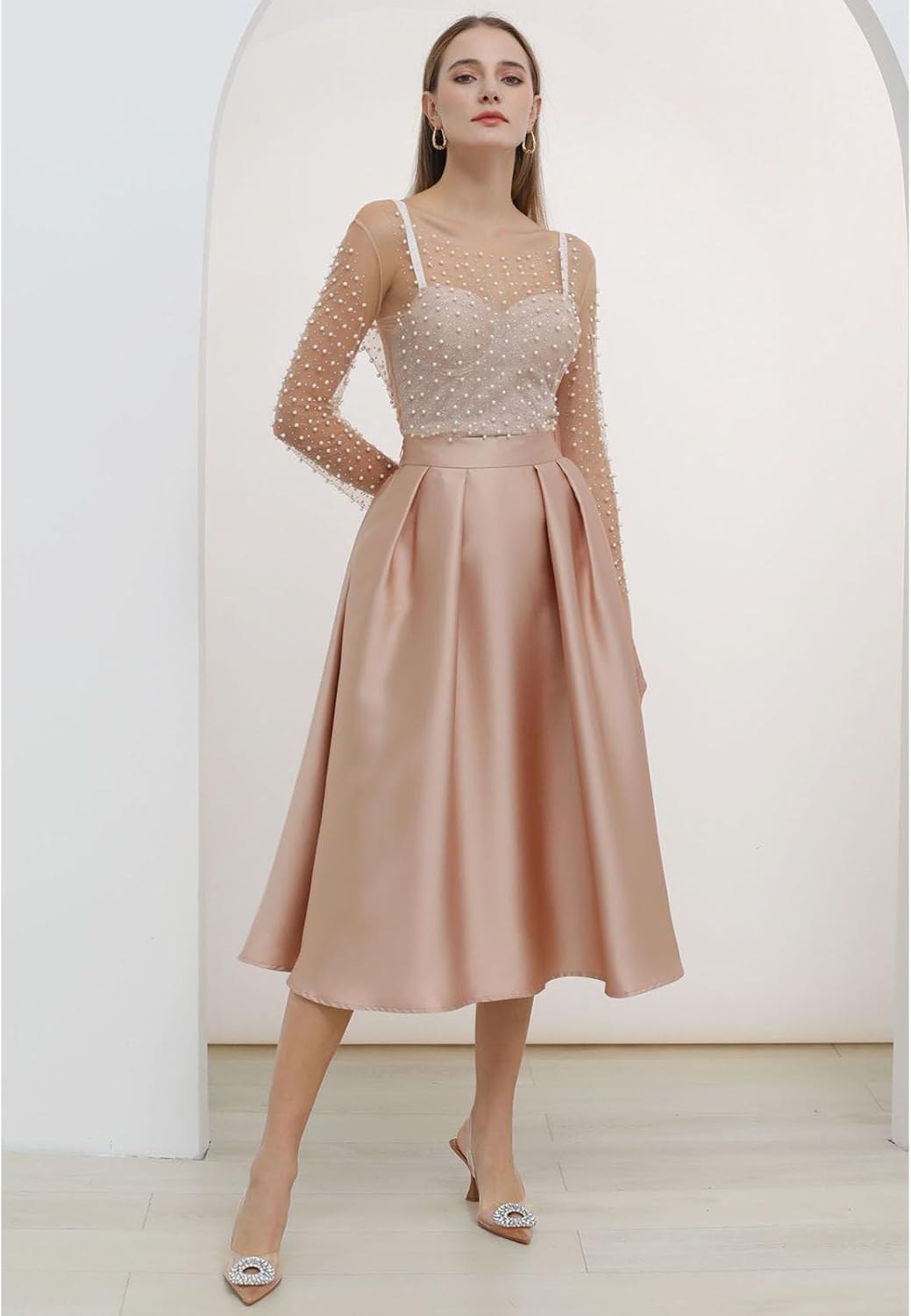 CHICWISH Women Sleek Pleated Midi Skirt A-Line Elastic High Waist Solid Flared Skirt with Side Pockets Coral - Image 6