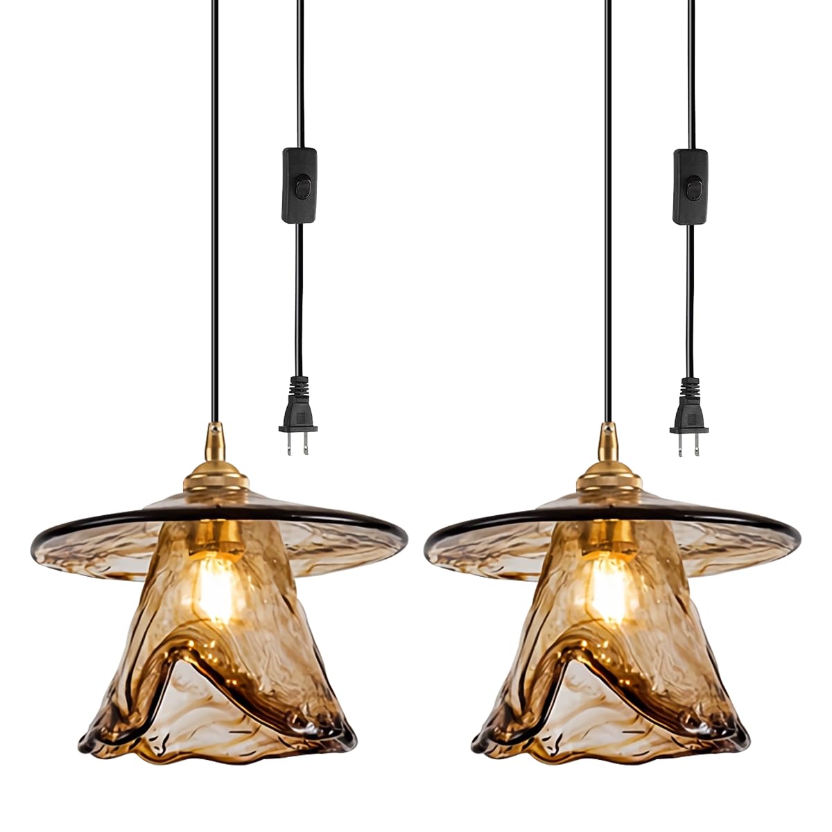 Amber Plug in Pendant Light 2-Pack with 14.7ft Cord Vintage Glass Blown Hanging Lamp Flower Shade Chandelier Mid Century Modern Lampshade for Kitchen Island, Bedroom, Bulb not Include