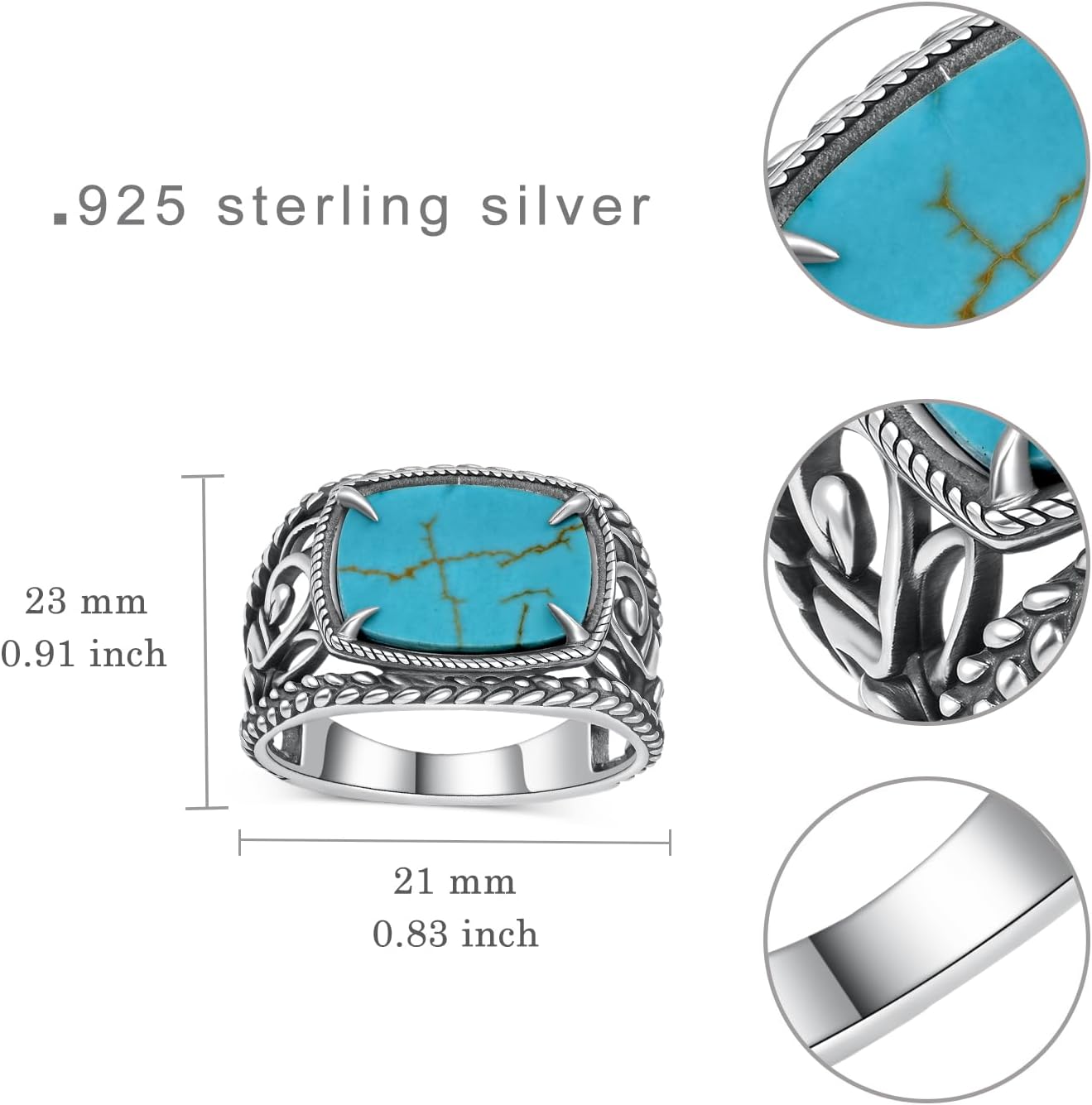 Genuine Turquoise Rings for Men 925 Sterling Silver Vintage Mens Ring Nature Gemstone Rings Real Turquoise Jewelry for Men - Image 4