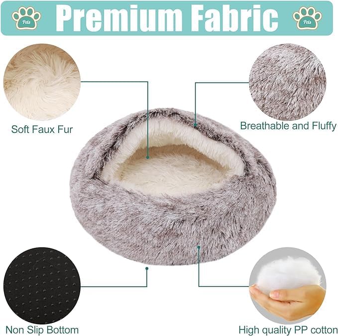 review Calming Pet Bed for Small Dog Cat with Hooded Cover Round Beds for Small Medium Pets Anti-Slip Faux Fluff Coved Bed for Improved Sleep (Coffee, 19.6 * 19.6 in)