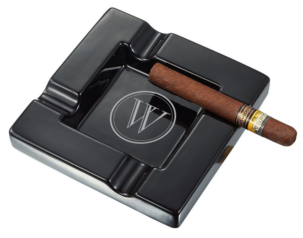 Visol Renner Black Ceramic Cigar Ashtray with Personalized Laser Engraving of Initial