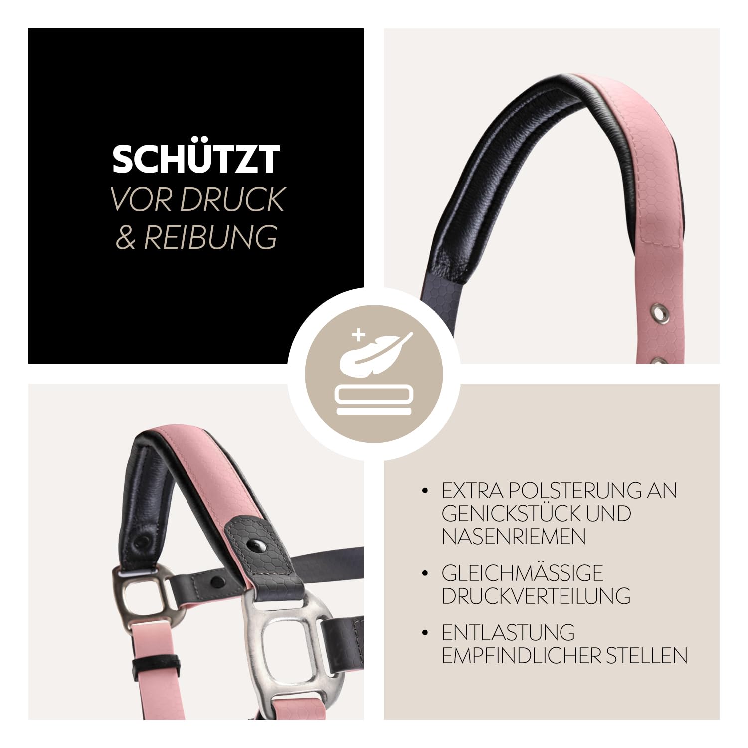 SUNRIDE Biothane Halfter für Pferde - mit Strick - UV-Beständig - anatomisch, verstellbar - extra Polsterung - Nachhaltig & Vegan - antibakteriell - wasserabweisend - rostfrei (rosa, Pony)
