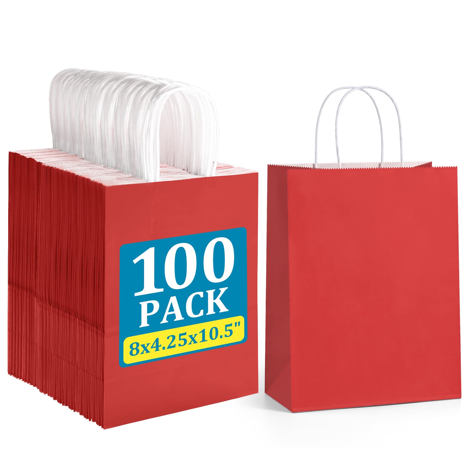 BagDream 8x4.25x10.5 Inch 100Pcs Red Gift Bags Medium Size, Kraft Paper Bags with Handles Bulk for Wedding, Party Favors, Business, Christmas, Grocery Paper Sacks