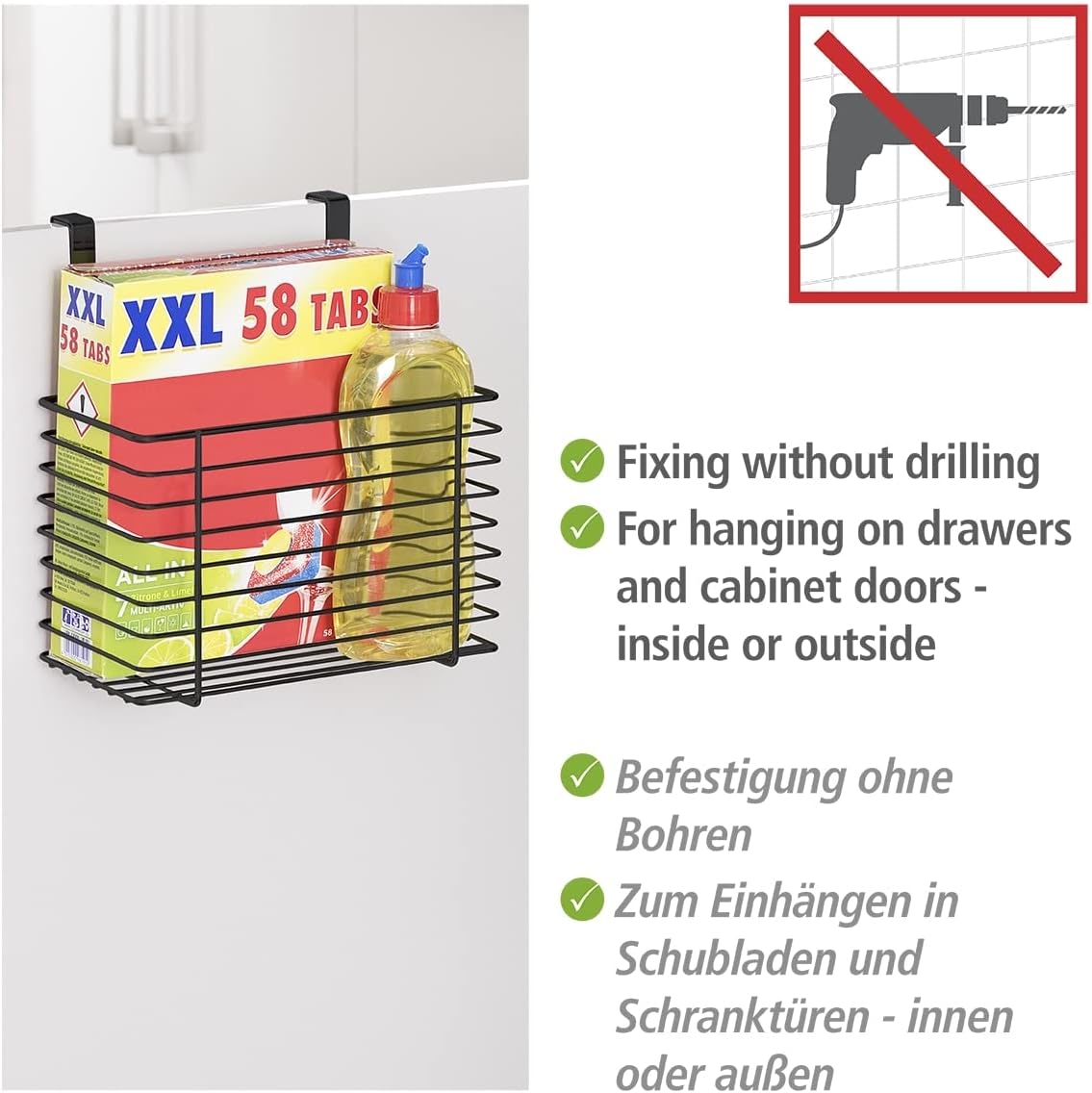 WENKO Hanging basket large, space-saving all-purpose shelf to hang on drawer or cupboard door, wire basket for bath and kitchen, without drilling, made of powder-coated metal, 24 x 24.5 x 15 cm, black