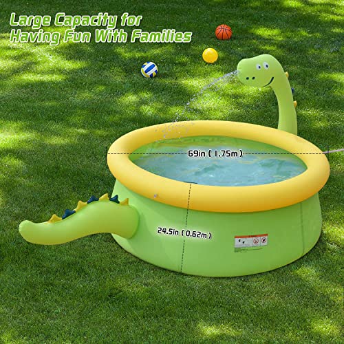 Inflatable Above Ground Family Size Pop Up Pool For Kids Kiddie Kiddy Toddler Adult Hard Plastic Dinosaur Sprinkler Round Top Ring Pools For Outdoor Garden Backyard Summer Water Party 70" X 25" #TOP5