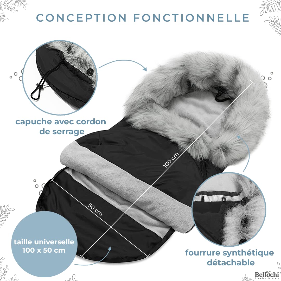 Bellochi Chanceliere Universelle pour Poussette - Chanceliere Cosy et Chaude avec Fermeture Éclair - Capuche Réglable et Col Fourrure Amovible (X - Noir)