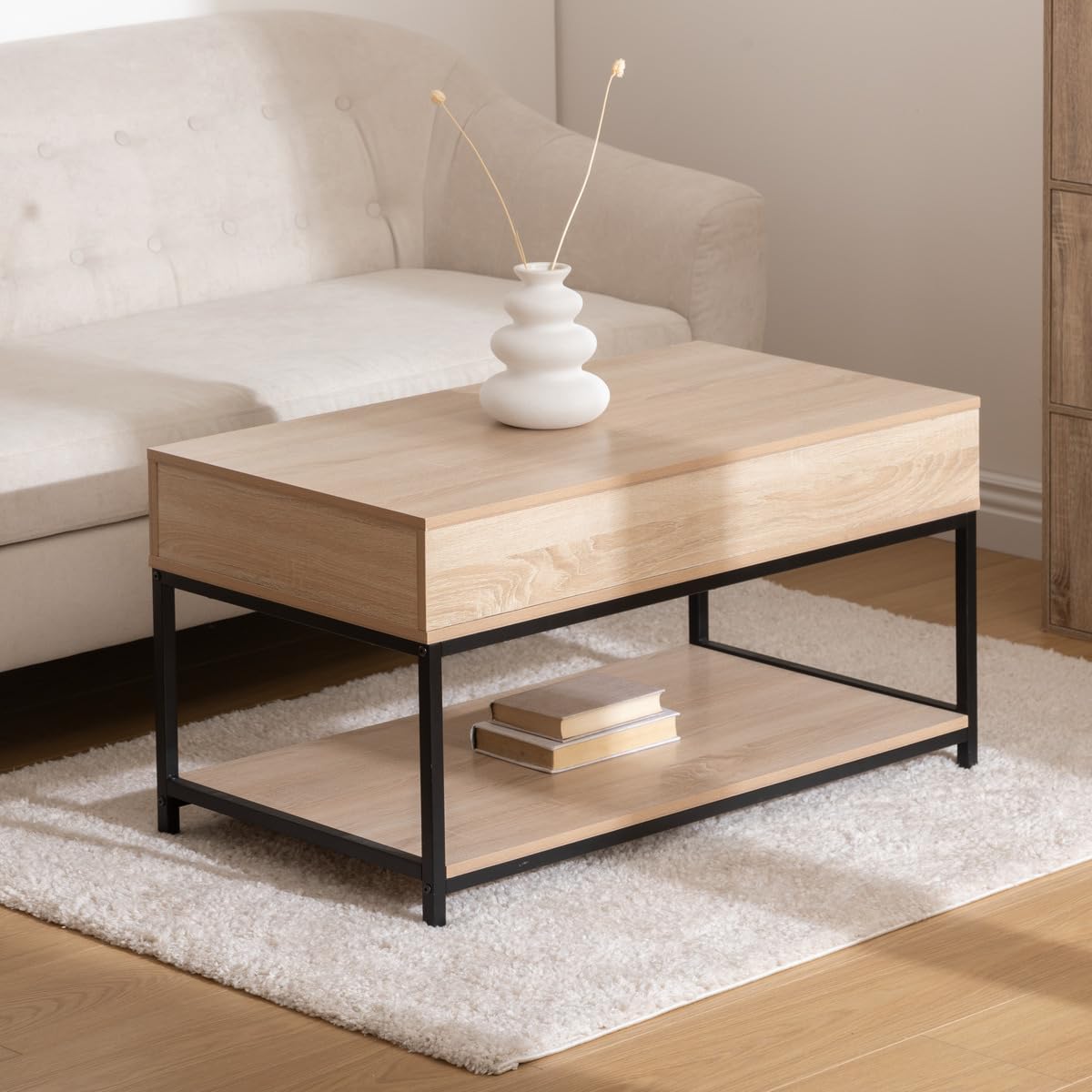 5five Aliaj Couchtisch mit Hubfunktion 95x50x51 cm Eichenoptik schwarzes Metall Schublade Stauraum