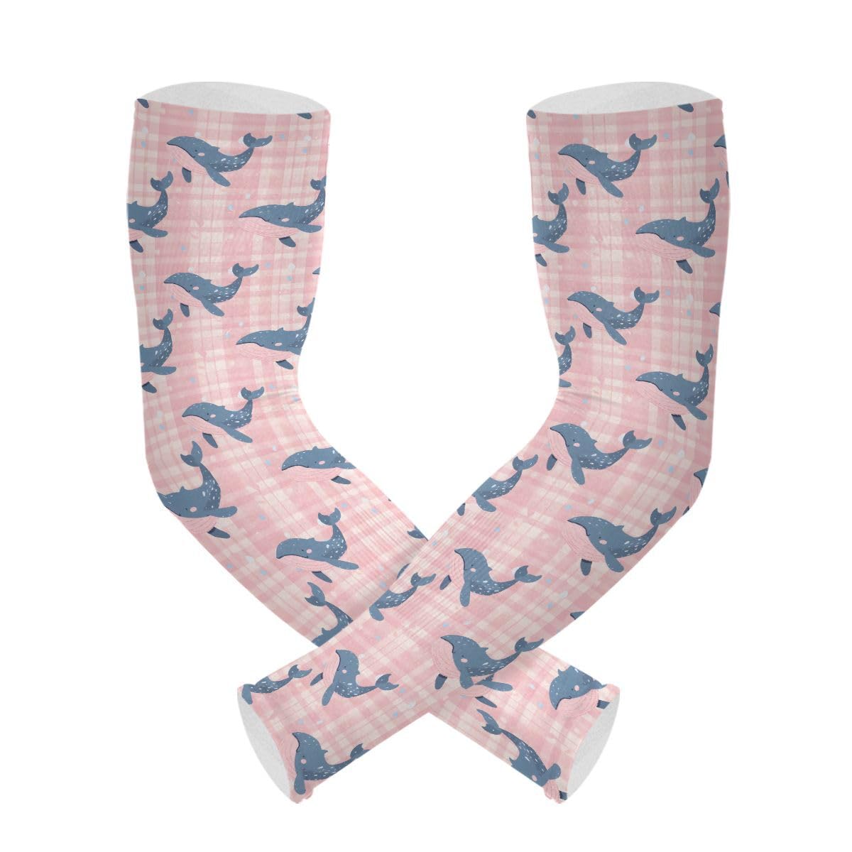 ALAZA Pink Plaid Whale Gardening Sleeves Cooling Arm Sleeves Sun Protection Thumb Hole Arm Covers for Women Men