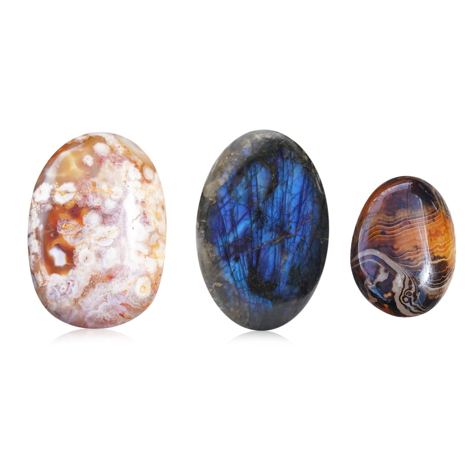 MIMOSA Irregular Polished Labradorite Palm Stones,Banded Agate,Floral Agate[3PCS]