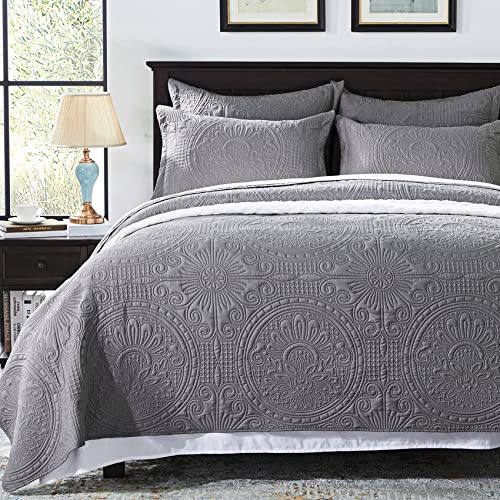 Anluoer Quilt Queen Size Bedding Set-Grey Embossed Bedspreads-Lightweight Summer Soft Microfiber Bedspread Bed Coverlet for All Seasons (1 Quilt 2 Pillow Shams)