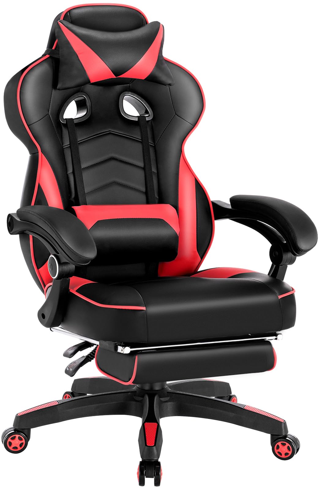 WOLTU Gaming Stuhl Ergonomischer, 150 kg Belastbarkeit, Verstellbarer Rückenlehne, Ergonomische Lendenstütze, Fußstütze, Büro- & Game-Sessel, Schwarz+Rot