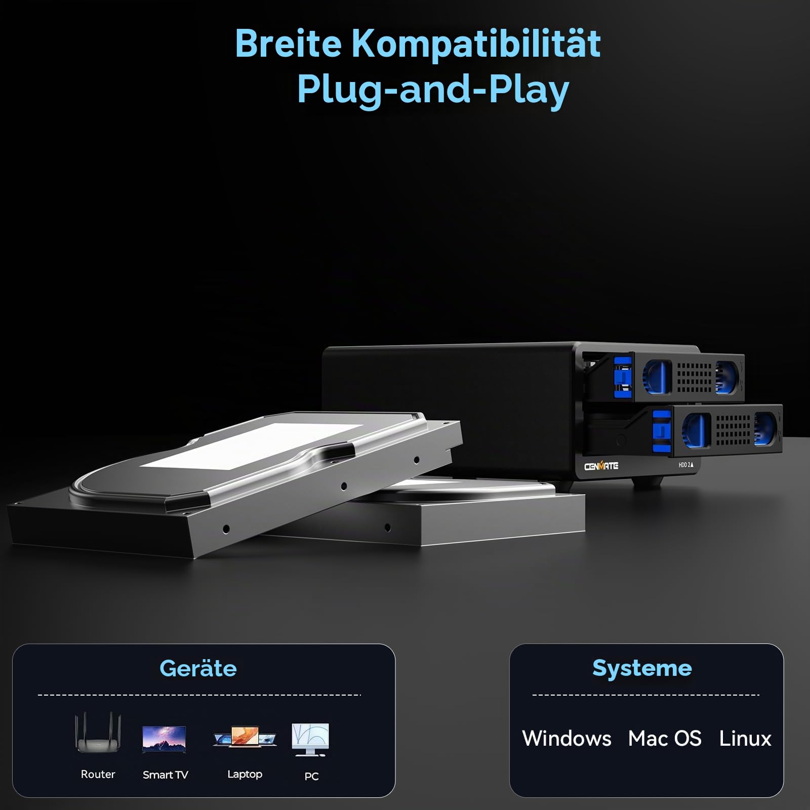Festplattengehäuse, CENMATE 10Gbps Aluminium Dual Bay Gehäuse mit Kühllüfter für 2.5/3.5 SATA HDD/SSD mit USB A/C 3.2 Kabel, unterstützt Hot Swappable, werkzeugfrei HDD Gehäuse, DAS(NO RAID/NAS)