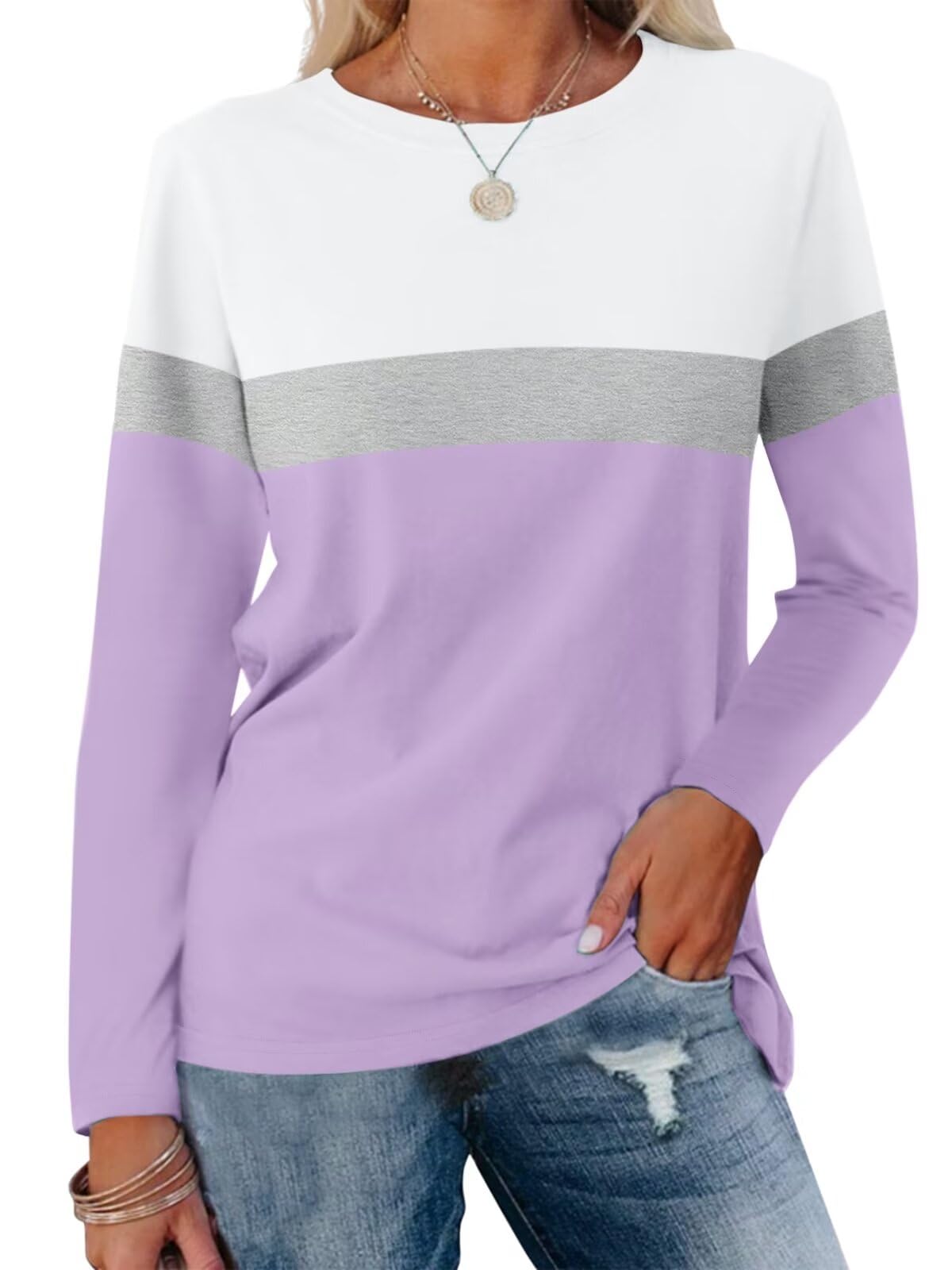Women's Color Block Tunic Tops Casual Long Sleeve Shirts Round Neck Pullover