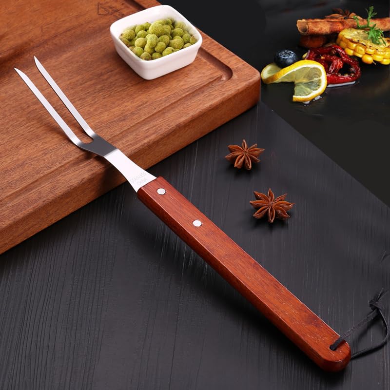 Forchetta da Carne in Acciaio Inossidabile, Forchetta da Portata in Acciaio Inossidabile con Manico in Legno, Forchetta da Cucina per Barbecue, Forchetta da Grill da Servizio, 38,5 cm