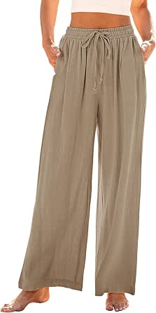 GRAPENT Wide Leg Linen Pants for Women, High Waist, Flowy Casual Drawstring Palazzo Trousers