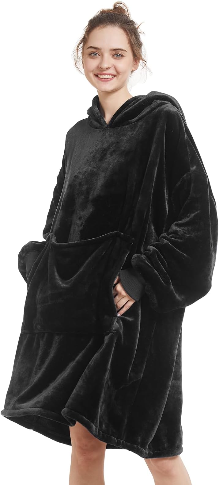 Aemilas Wearable Blanket Hoodie,Oversized Blanket Sweatshirt with Hood Pocket and Sleeves,Cozy Soft Warm Plush Flannel Hooded Blanket for Adult Women Men,One Size Fits All(Black)