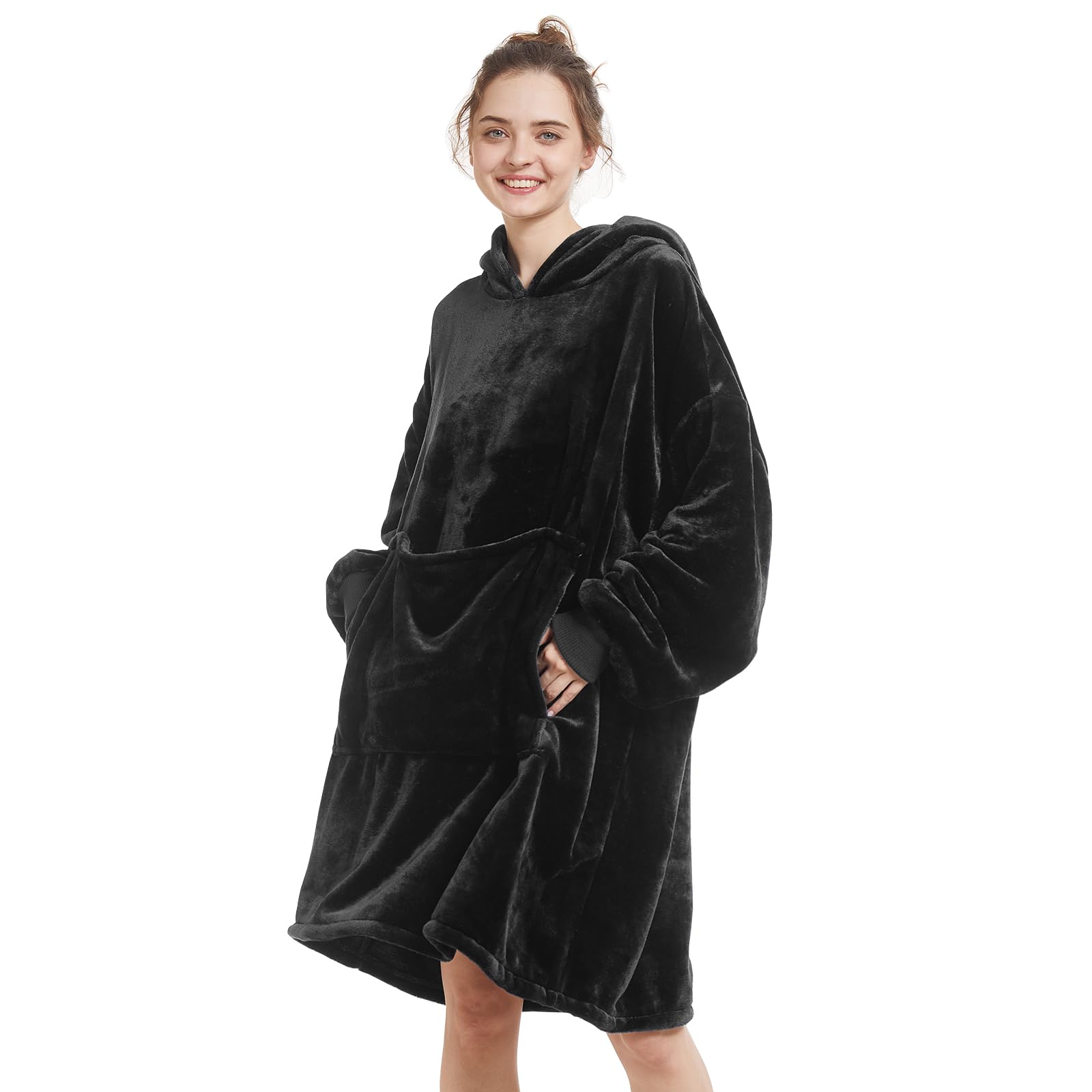 Aemilas Wearable Blanket Hoodie,Oversized Blanket Sweatshirt with Hood Pocket and Sleeves,Cozy Soft Warm Plush Flannel Hooded Blanket for Adult Women Men,One Size Fits All(Black)