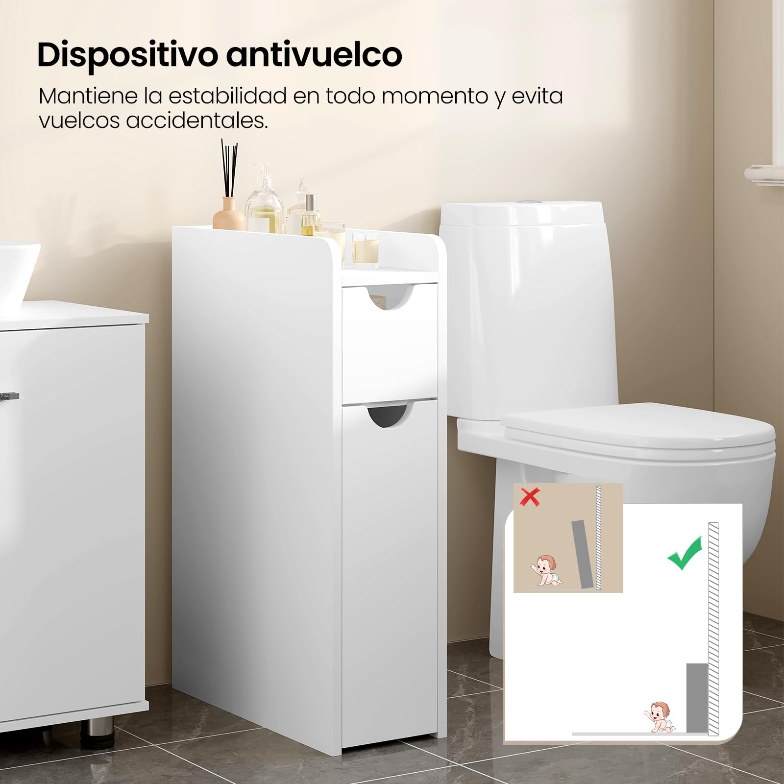 EUGAD Armario Baño Pequeño con 2 Cajones, Mueble Baño Estrecho de Almacenamiento, Armario con Ruedas, Mueble Vertical Multifuncional, Blanco