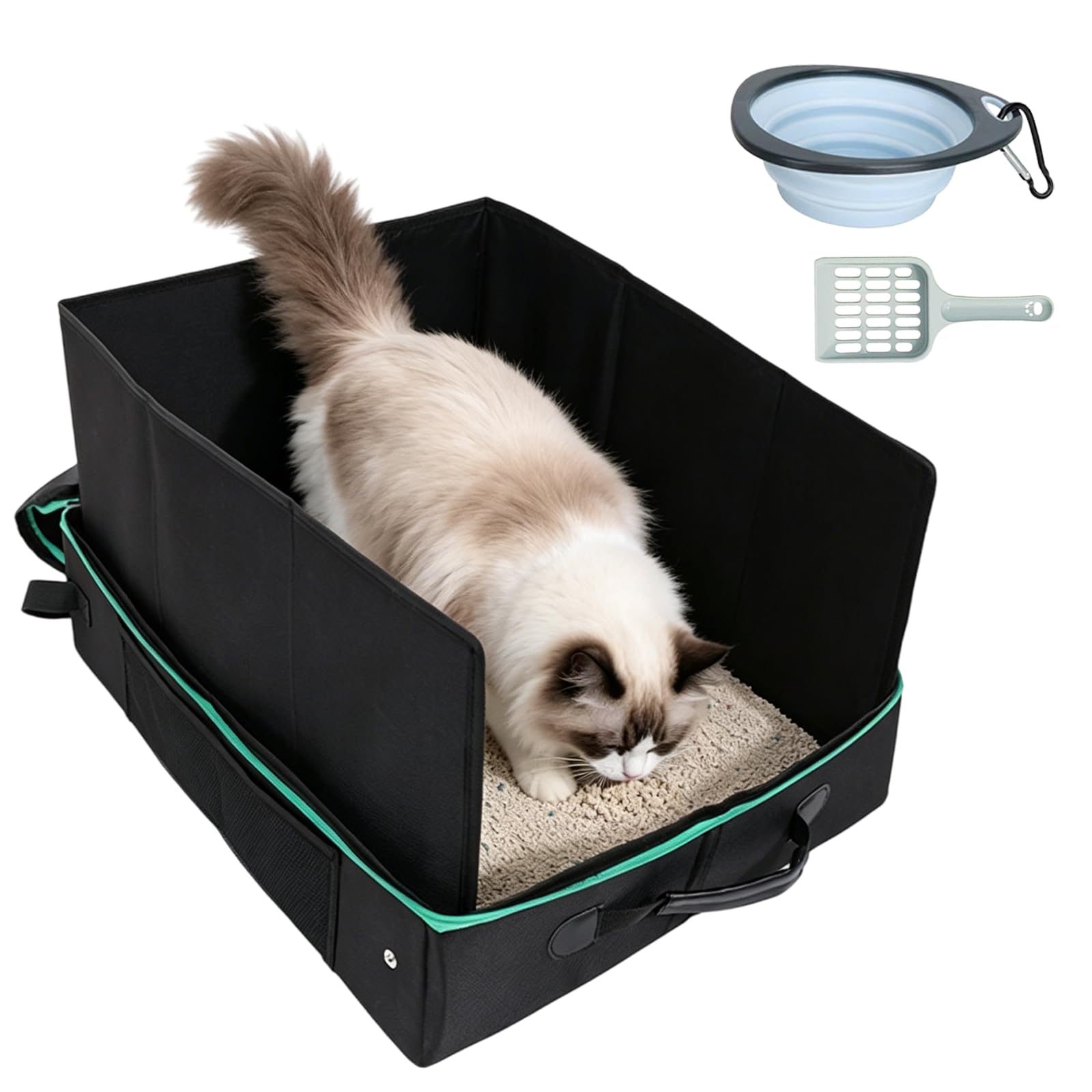 Bac À Litière De Voyage, Bac Litiere pour Chat Portable Et Pliable, Caisse Chat Litiere Et Portable, Litiere De Voyage en Tissu Oxford, Le Camping, Pliable, Étanche, 50 X 40 X 28 Cm,Noir