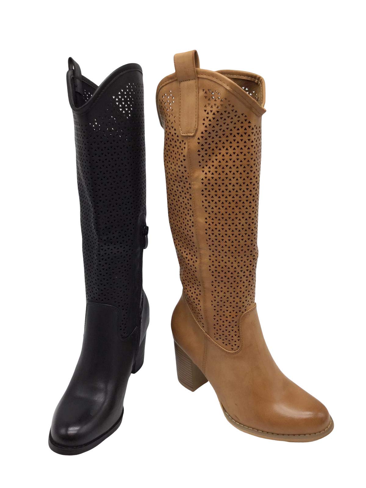 Stivali Primaverili Estivi da Donna Tacco Traforati Alti al Ginocchio Biker Moda G627 Nero Camel Estate Nuovi Tacco