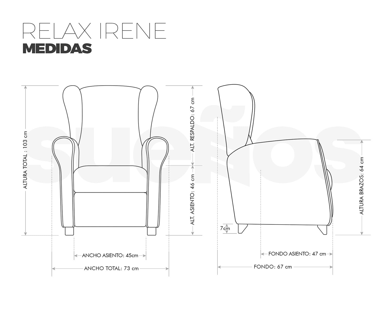 SUENOSZZZ-ESPECIALISTAS DEL DESCANSO Sillón Relax orejero Irene reclinable con Patas de Madera, Relax nórdico tapizado en Tela Antimanchas Beige