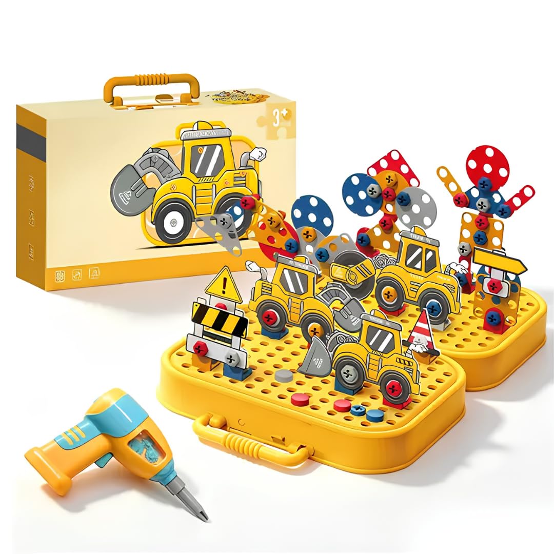 228 pcs kids diy electric drill building toy set – stem building tool set-mosaic puzzle 2d & 3d building block kit | educational engineering toy for boys & girls ages 3–8 (engineer theme)