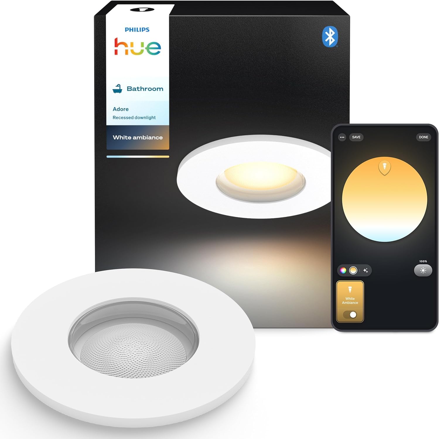Philips Hue White Ambiance Adore Connected foco empotrable, Cromo, 1 x 5 W, Iluminación de baño regulable, Regulable, Controlable mediante app, Compatible con Amazon Alexa.