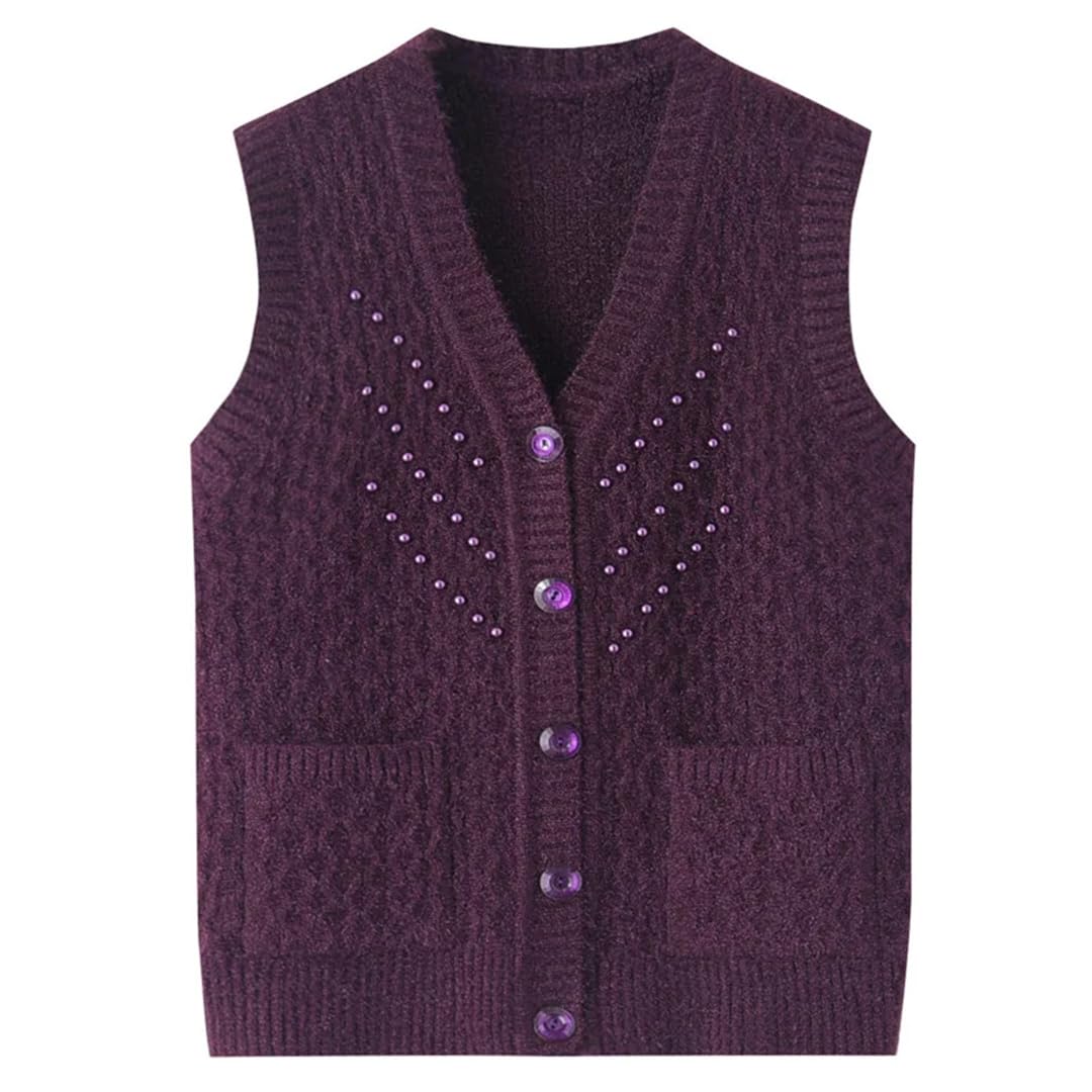 Middle Aged Mother Waistcoat Autumn Knitted Vest Korean Women Winter Beaded Sweater Top Purple