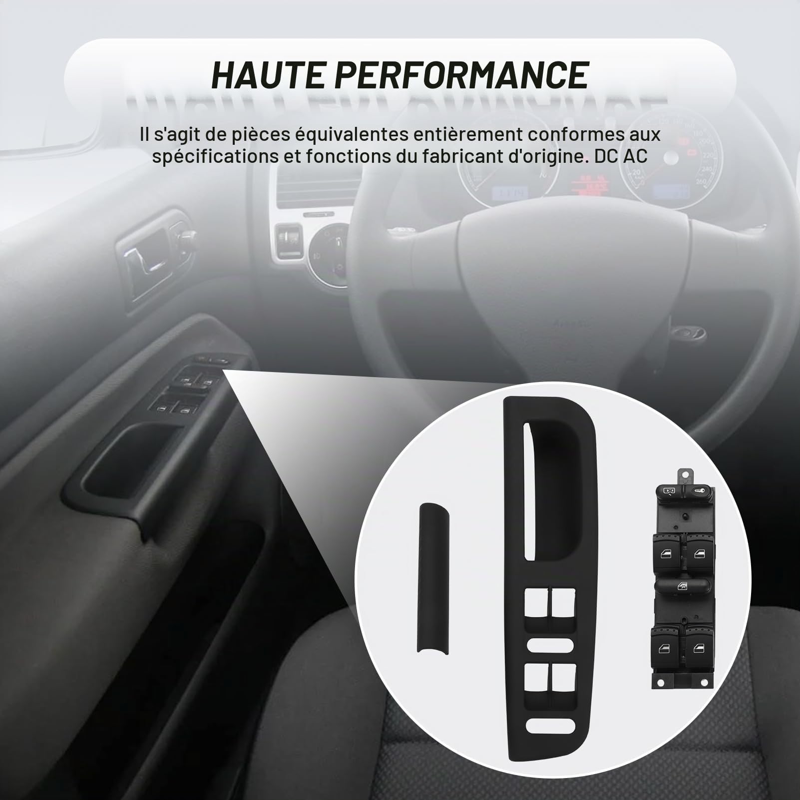 Interrupteur lève-vitre pour Golf, Je.tta, Bora MK4, Passat B5/B5.5 | pour Leon Toledo, électrique gauche à 9 broches avec plaque noire, 1J4959857, 1J4959857B, 1J4959857D, 3B1867171E