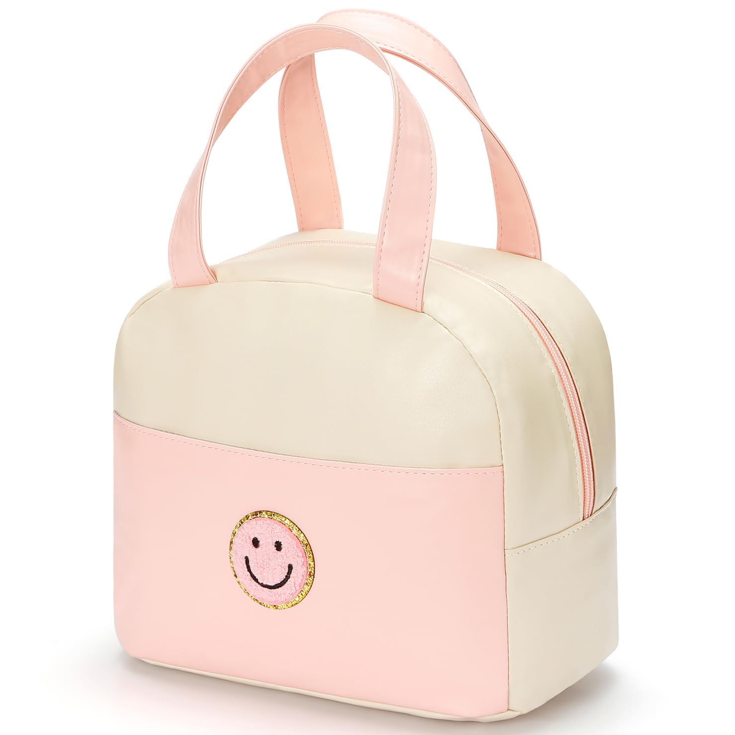 Hirabbi Lunch Bag for Women Large Insulated Lunch Box Reusable Lunch Tote with Preppy Soft Leather Bag for Work School Picnic Travel (White&Pink)