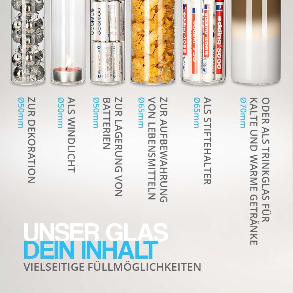 Tuuters 2 Stück Windlicht Glas mit Boden (70 x Ø 50 mm) Glaszylinder klar