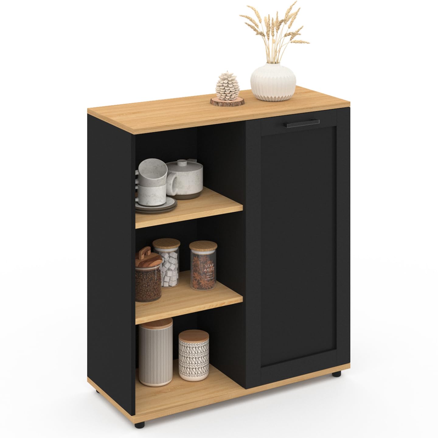 IDMarket - Buffet d'appoint 70 cm VITO 3 étagères et Placard Noir et Plateau Bois